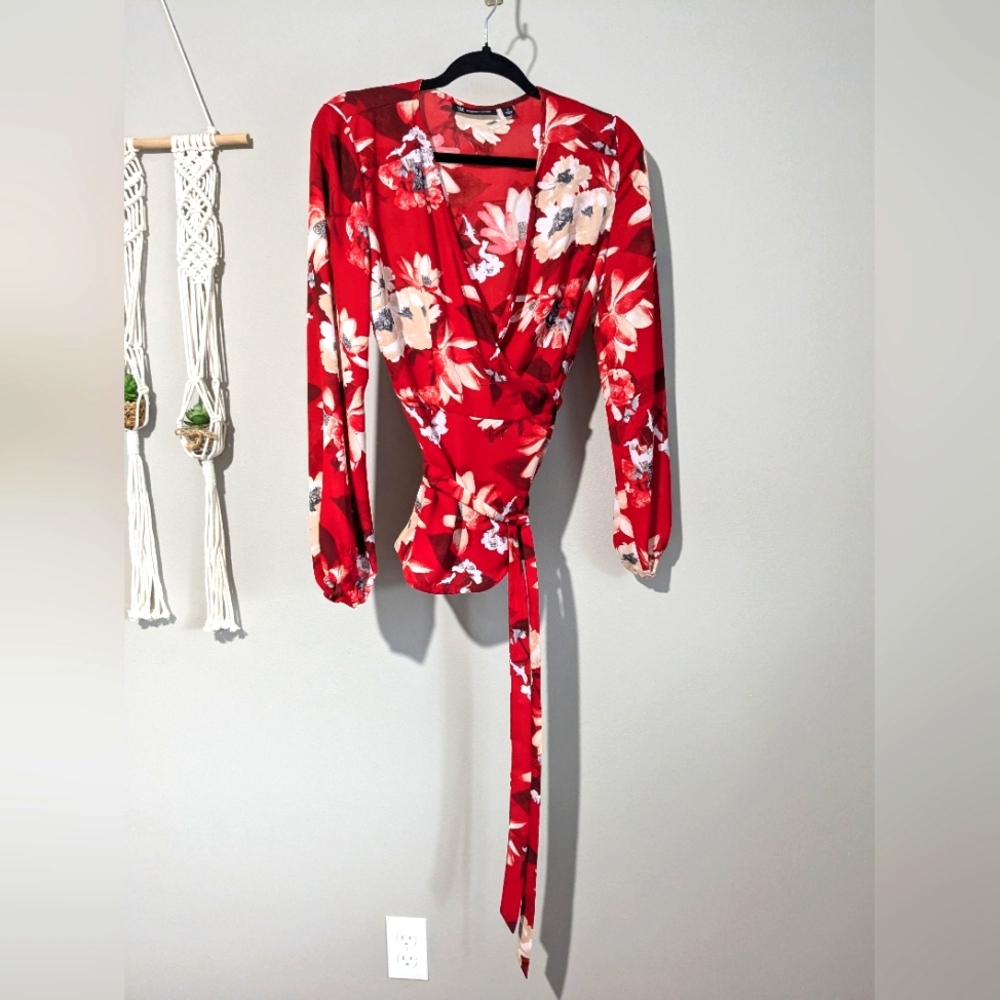 I.N.C. True Wrap Kimono Red Floral Tie Wrap Blouse Top S